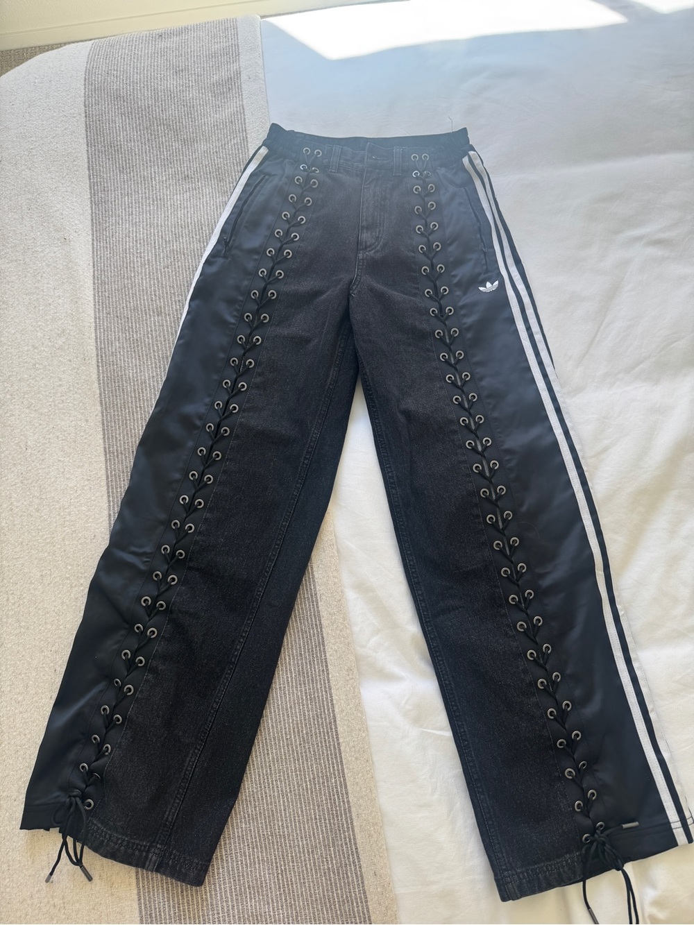 Adidas Black Lace-Up Track Pants with Side Stripes